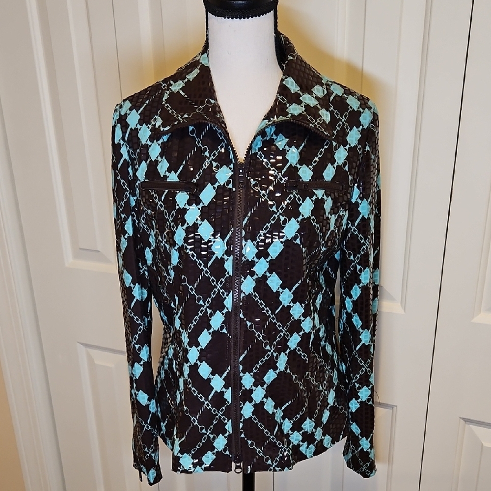 NABI Brown and Blue Patterned Jacket Blazer S Zip Up Stylish Unique Shiney NWOT